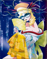 Rule 34 | 10s, 1girl, blonde hair, glasses, hair ornament, hand fan, highres, honey (space dandy), japanese clothes, kimono, lipstick, long hair, makeup, official art, paper fan, solo, space dandy