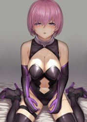 Rule 34 | 1girl, absurdres, armored boots, bare shoulders, boots, breasts, cleavage, covered erect nipples, elbow gloves, fate/grand order, fate (series), gloves, hair between eyes, hakaba (dairiseki), high heels, highres, leotard, looking at viewer, mash kyrielight, navel, open mouth, purple eyes, purple hair, pussy juice, shiny clothes, short hair, sitting, solo, sweat, teeth, wariza