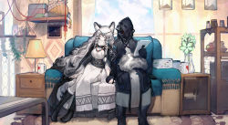 Rule 34 | 1boy, 1girl, absurdres, animal ear fluff, animal ears, arknights, basket, belt, belt pouch, black cape, black coat, black footwear, black gloves, book, boots, breasts, cape, carpet, circlet, clock, closed eyes, closed mouth, coat, coffee mug, commentary request, controller, couch, cup, curtains, doctor (arknights), dress, food, fruit, fur-trimmed boots, fur trim, gloves, highres, holding, holding hands, holding paper, indoors, jewelry, knee boots, lamp, leopard ears, leopard girl, leopard tail, long hair, long sleeves, mask, medium breasts, mug, nai (daiduolaoge), necklace, on couch, open clothes, open coat, paper, paper stack, pelvic curtain, pillow, plant, potted plant, pouch, pramanix (arknights), remote control, revision, shelf, silver hair, sitting, sleeping, sleeping upright, table, tail, thighhighs, turtleneck, turtleneck dress, vase, very long hair, white dress, white thighhighs, window, yarn, yarn ball