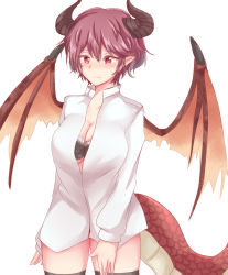 Rule 34 | 1girl, black bra, black thighhighs, blush, bra, breasts, cleavage, dragon horns, dragon tail, dragon wings, dress shirt, granblue fantasy, grea (shingeki no bahamut), highres, horns, large breasts, looking at viewer, manaria friends, nyaku, open clothes, open shirt, pointy ears, shingeki no bahamut, shirt, simple background, solo, tail, thighhighs, underwear, white background, white shirt, wings