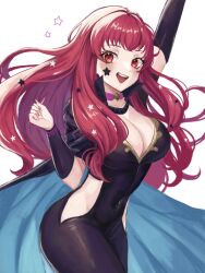 Rule 34 | 1girl, :d, arm up, bodysuit, breasts, choker, cleavage, commentary request, covered navel, cowboy shot, facial mark, fire emblem, fire emblem engage, highres, hip vent, large breasts, long hair, looking at viewer, nintendo, open mouth, pink choker, red eyes, red hair, redrawn, simple background, smile, solo, standing, star (symbol), thighs, very long hair, white background, yunaka (fire emblem), zqzbq