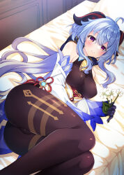 Rule 34 | 1girl, ahoge, backless outfit, bare shoulders, bed, bell, black pantyhose, blue hair, blush, bodystocking, bodysuit, breasts, chinese knot, covered erect nipples, detached sleeves, flower, flower knot, furukawa lemon, ganyu (genshin impact), genshin impact, highres, holding, holding flower, horns, indoors, leotard, leotard under clothes, long hair, low ponytail, lying, medium breasts, neck bell, on side, pantyhose, pillow, purple eyes, qingxin flower, sidelocks, smile, solo, thighs, vision (genshin impact), waist cape, white flower, white sleeves