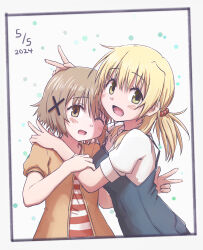 Rule 34 | 2024, 2girls, absurdres, blonde hair, blush, brown eyes, brown hair, dated, dot nose, female focus, hair ornament, hairclip, hidamari sketch, highres, looking at viewer, miyako (hidamari sketch), multiple girls, one eye closed, open mouth, overalls, shirt, short hair, standing, striped clothes, striped shirt, v, x hair ornament, yuno (hidamari sketch), yunoppi