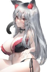 Rule 34 | 1girl, animal ear fluff, animal ears, bad id, bad pixiv id, bell, bikini, black bikini, black choker, blush, breasts, cat ears, cat girl, cat tail, choker, cleavage, closed mouth, commentary, facial mark, frilled bikini, frills, hair between eyes, hand on own stomach, jingle bell, large breasts, long hair, looking at viewer, navel, neck bell, original, poharo, red eyes, side-tie bikini bottom, silver hair, simple background, sitting, solo, stomach, swimsuit, tail, tail raised, very long hair, whisker markings, white background