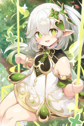 Rule 34 | 1girl, blush, branch, cape, cross-shaped pupils, dress, genshin impact, gradient hair, green cape, green eyes, green hair, hair between eyes, hair ornament, hands up, highres, leaf hair ornament, long hair, looking at viewer, mou tama maru, multicolored hair, nahida (genshin impact), open mouth, outdoors, pointy ears, side ponytail, sleeveless, sleeveless dress, smile, solo, swing, symbol-shaped pupils, tree, white dress, white hair