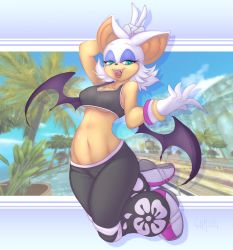 Rule 34 | 1girl, bat wings, breasts, cleavage, curvy, gunmouth, highres, large breasts, legs, lipstick, makeup, midriff, navel, pants, pink lips, rouge the bat, sega, shoes, smile, sneakers, solo, sonic (series), sports bra, sportswear, thick thighs, thighs, toned, track pants, underboob, wide hips, wings