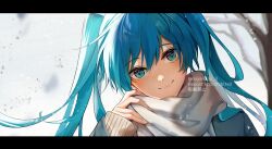 Rule 34 | 1girl, blue eyes, blue hair, closed mouth, hatsune miku, highres, long hair, miyanami 3, portrait, scarf, shirt, solo, sweater, twintails, two side up, very long hair, vocaloid, white scarf