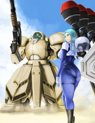 Rule 34 | 1girl, ass, blue hair, glowing, glowing eye, green eyes, gun, highres, holding, holding gun, holding weapon, hoshara, looking at viewer, looking back, looking to the side, mecha, one-eyed, original, pilot suit, robot, skin tight, weapon