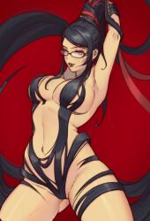 Rule 34 | 1girl, armpits, arms behind head, arms up, bayonetta, bayonetta (series), black hair, blue eyes, breasts, bubene, cleavage, convenient censoring, glasses, gluteal fold, hair censor, highres, large breasts, long hair, looking at viewer, mole, mole under mouth, navel, nude, prehensile hair, red background, red lips, seductive smile, smile, solo, thick thighs, thighs