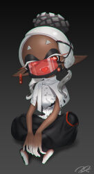 1girl absurdres alternate_costume alternate_eye_color alternate_hair_color black_background black_pants black_socks bright_pupils chromatic_aberration colored_extremities colored_eyelashes commentary_request cross-shaped_pupils dark-skinned_female dark_skin dress_shirt earrings fangs frye_(splatoon) full_body gradient_background hair_ornament hair_tie harem_pants highres inkling jewelry long_hair long_pointy_ears mask mouth_mask nintendo pants pointy_ears print_shirt puchiman red_eyes red_mask see-through_clothes see-through_mask shirt signature sitting socks solo splatoon_(series) splatoon_3 splatter_print symbol-shaped_pupils tentacle_hair toeless_legwear tongue tongue_out toni_kensa_(splatoon) white_hair white_pupils white_shirt x_hair_ornament