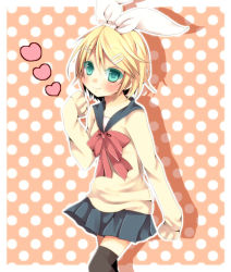Rule 34 | 1girl, blonde hair, blue eyes, blush, bow, bowtie, hair bow, hair ornament, hairclip, heart, izumi chiro, kagamine rin, parted bangs, pleated skirt, polka dot, polka dot background, school uniform, serafuku, skirt, sleeves past fingers, sleeves past wrists, smile, solo, sweater, thighhighs, vocaloid