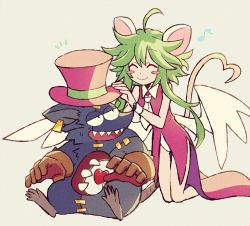 Rule 34 | 1boy, 1girl, animal ears, blush stickers, breasts, ear tag, gloves, green hair, hat, heart, leotard, mad rat, mad rat dead, mouse (animal), mouse ears, mouse girl, mouse tail, musical note, nippon ichi, rat god, red eyes, shatikutiku, stitches, tail, top hat, wings, wrist cuffs