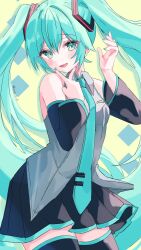 Rule 34 | 1girl, :d, black skirt, black sleeves, black thighhighs, blue eyes, blue hair, blue nails, blue necktie, blush, collared shirt, cowboy shot, detached sleeves, grey shirt, hand up, hatsune miku, highres, long hair, long sleeves, looking at viewer, miniskirt, nail polish, necktie, open mouth, pleated skirt, shirt, sidelocks, simple background, skirt, sleeveless, sleeveless shirt, smile, solo, thighhighs, tie clip, twintails, urara 31 e, v over mouth, vocaloid, yellow background, zettai ryouiki