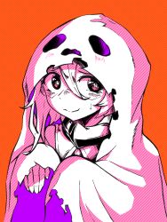Rule 34 | 1girl, alternate costume, aygoftenover, bare shoulders, blush, closed mouth, ghost costume, glasses, hair between eyes, hands up, highres, hood, hood up, long sleeves, looking at viewer, red background, shy (character), shy (series), smile, solo, striped, striped background, sweatdrop