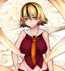 Rule 34 | 1girl, adapted costume, aoshima, bare arms, bare shoulders, black hair, blonde hair, breasts, commentary request, cowboy shot, groin, hair between eyes, hand on own hip, highres, large breasts, multicolored hair, necktie, orange necktie, out-of-frame censoring, pink lips, red shirt, shawl, shirt, short hair, sleeveless, sleeveless shirt, slit pupils, solo, streaked hair, toramaru shou, touhou, yellow eyes