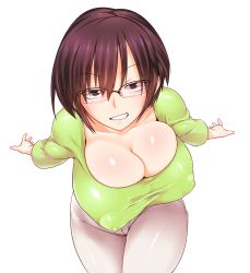 Rule 34 | 1girl, breasts, brown eyes, brown hair, bursting breasts, cleavage, collarbone, covered erect nipples, female focus, glasses, grin, highres, himamushi nyuudou, huge breasts, shiny skin, short hair, simple background, smile, solo, white background