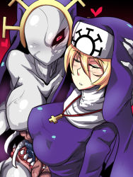 Rule 34 | 1girl, bad id, bad pixiv id, black sclera, blonde hair, breasts, colored sclera, colored skin, cross, cross necklace, double (skullgirls), dual persona, extra mouth, closed eyes, grey skin, habit, hand on another&#039;s head, inverted cross, jewelry, large breasts, monster, necklace, nightmare-doom, nun, one-eyed, red eyes, skullgirls