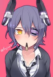 Rule 34 | 10s, 1girl, blush, breasts, cleavage, eyepatch, feeding, food, fuji fujino, headgear, kantai collection, looking at viewer, mouth hold, pink background, pocky, pocky day, pocky kiss, pov feeding, purple hair, shared food, sharing food, short hair, simple background, solo, sweater, tears, tenryuu (kancolle), twitter username, upper body, yellow eyes