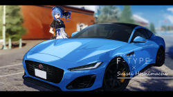 Rule 34 | 1girl, absurdres, alternate costume, bag, black shirt, blue eyes, blue hair, blurry, bow, car, character name, choker, cobblestone, commentary request, depth of field, hair between eyes, hand on own hip, hat, high-waist skirt, highres, hololive, hoshimachi suisei, jaguar (car), jewelry, letterboxed, long hair, motor vehicle, necklace, open mouth, outdoors, plaid, shirt, short sleeves, shoulder bag, side ponytail, sidelocks, skirt, smile, solo, standing, suspenders, vehicle focus, virtual youtuber, white skirt, you&#039;a