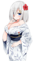 Rule 34 | 1girl, alternate costume, bare shoulders, blue eyes, blush, breasts, cleavage, closed mouth, cowboy shot, flower, hair flower, hair ornament, hair over one eye, hairclip, hamakaze (kancolle), hand up, highres, japanese clothes, kantai collection, kimono, large breasts, leaf print, long sleeves, looking at viewer, obi, off shoulder, print kimono, red flower, sakikumo (sakumo), sash, silver hair, simple background, solo, standing, white background, white kimono, wide sleeves, yukata