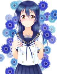 Rule 34 | 1girl, blue hair, blush, bow, closed mouth, floral background, hair between eyes, hiro9779, long hair, looking at viewer, love live!, love live! school idol festival, love live! school idol project, school uniform, solo, sonoda umi, yellow eyes
