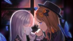 Rule 34 | 2girls, abigail williams (fate), animal, black bow, black dress, black headwear, blonde hair, blood, blood on face, blue eyes, bow, bug, butterfly, closed eyes, closed mouth, commentary request, crying, crying with eyes open, dated, dress, fate/grand order, fate (series), grey hair, hair bow, indoors, insect, kuzumochi (kuzumochiya), lavinia whateley (fate), long hair, long sleeves, multiple girls, orange bow, pale skin, parted bangs, pinky swear, profile, puffy long sleeves, puffy sleeves, signature, sleeves past wrists, tears, upper body, window