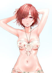 Rule 34 | 1girl, absurdres, armpits, arms up, bikini, breasts, brown hair, cl (summer sama), closed mouth, collarbone, commentary request, eyes visible through hair, floral print, front-tie bikini top, front-tie top, hair tie in mouth, halterneck, halterneck, hand in own hair, highres, higuchi madoka, idolmaster, idolmaster shiny colors, looking at viewer, medium breasts, mole, mole under eye, mouth hold, navel, pink eyes, print bikini, simple background, solo, stomach, swimsuit, tying hair, white background