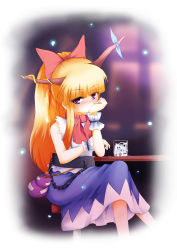 Rule 34 | 1girl, alternate hairstyle, artist request, bad id, bad pixiv id, blonde hair, blush, bow, chain, female focus, ging (tokushima), glass, gourd, hair bow, hand on own cheek, hand on own face, highres, horns, ibuki suika, indoors, crossed legs, long hair, purple eyes, sitting, solo, table, touhou, wrist cuffs