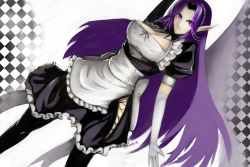 Rule 34 | 1girl, alternate costume, apron, breasts, cleavage, enmaided, frills, gloves, highres, kumiko shiba, large breasts, league of legends, long hair, maid, maid apron, maid headdress, morgana (league of legends), pointy ears, purple eyes, purple hair, short sleeves, thighhighs, very long hair, white gloves