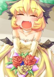 Rule 34 | 1girl, :d, adapted costume, alternate costume, bare shoulders, blonde hair, blush, bouquet, bow, breasts, choker, cleavage, dress, elbow gloves, closed eyes, fang, female focus, flower, fun bo, gloves, hair bow, happy, kurodani yamame, looking at viewer, open mouth, short hair, smile, solo, tears, touhou, wedding dress