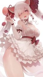Rule 34 | 1girl, animal ears, ass, bare shoulders, bow, breasts, candy, cat ears, cat tail, choker, destiny child, dress, elbow sleeve, flower, food, highres, lollipop, looking at viewer, medium breasts, open mouth, purple eyes, red flower, short dress, sytry (destiny child), tail, thighs, twintails, white background, white bow, white dress, white flower, white hair