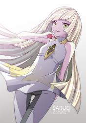 Rule 34 | 10s, 1girl, artist name, bad id, bad pixiv id, bare shoulders, blonde hair, clothes lift, creatures (company), dress, dress lift, dutch angle, finger to mouth, game freak, green eyes, leggings, long hair, looking at viewer, lusamine (pokemon), nintendo, poke ball, pokemon, pokemon sm, saruei, smile, solo, very long hair, wind, wind lift