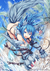 Rule 34 | 1girl, akkijin, animal ears, animal hands, ass, bare shoulders, blue eyes, blue hair, breasts, chain, claws, cleavage, collar, fenrir (shinkai no valkyrie), frown, fur, hair between eyes, ice, long hair, looking at viewer, open mouth, palm tree, running, shinkai no valkyrie, solo, tail, tree, very long hair, watermark, wolf ears, wolf tail