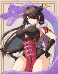 Rule 34 | 1girl, :3, beidou (genshin impact), breasts, brown hair, capelet, chinese clothes, clothing cutout, dragon, eyepatch, fingerless gloves, genshin impact, gloves, hair ornament, hair over one eye, hair stick, hairpin, hand on own hip, highres, holding, holding weapon, large breasts, long hair, moppo, one eye covered, pelvic curtain, red capelet, colored eyepatch, red eyes, solo, standing, thick thighs, thighs, underboob, underboob cutout, weapon