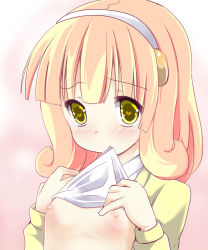 Rule 34 | 10s, 1girl, bad id, bad pixiv id, blonde hair, blush, breasts, clothes lift, fa no hito, flat chest, green eyes, hair ornament, hairband, heart, heart-shaped pupils, kise yayoi, mouth hold, nipples, precure, shirt lift, smile precure!, solo, symbol-shaped pupils, tears, white hairband