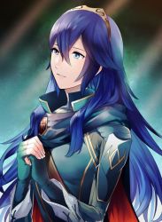 Rule 34 | 1girl, ameno (a meno0), armor, bad id, bad twitter id, blue eyes, blue gloves, blue hair, blue shirt, bodysuit, breasts, cape, commentary request, eyelashes, fingerless gloves, fire emblem, fire emblem awakening, gloves, gold trim, hair between eyes, long hair, looking to the side, lucina (fire emblem), nintendo, own hands together, parted lips, shirt, shoulder armor, sidelocks, sleeve cuffs, small breasts, solo, tiara, upper body