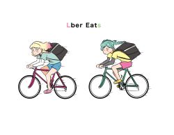 Rule 34 | absurdres, aqua hair, bicycle, blonde hair, braid, flat color, food delivery box, gradient hair, highres, kanzaki gou, long sleeves, love live!, love live! superstar!!, multicolored hair, onitsuka natsumi, onitsuka tomari, pink hair, riding, riding bicycle, shorts, siblings, sisters, speed lines, twin braids, uber eats, white background