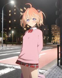 Rule 34 | + +, 1girl, 3d, ahoge, arms behind back, bag, blender (medium), blonde hair, bow, bowtie, bright pupils, building, city, closed mouth, collared shirt, cowboy shot, crosswalk, flower, hair flower, hair ornament, highres, holding, holding bag, lamppost, light smile, long sleeves, looking at viewer, medium hair, miniskirt, multicolored eyes, multicolored hair, night, orange hair, outdoors, pink bag, pink eyes, pink sweater, plaid, plaid skirt, purple eyes, red bow, red bowtie, red skirt, rinne (rinrinne), rinrinne, rinrinne39 (artist), school bag, school uniform, shirt, skirt, solo, split mouth, standing, streaked hair, sweater, two side up, virtual youtuber, white pupils, white shirt
