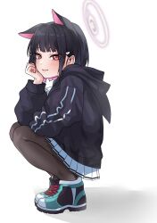 Rule 34 | 1girl, animal ears, black hair, black jacket, black pantyhose, blue archive, blush, cat ears, closed mouth, colored inner hair, extra ears, full body, hair ornament, hairclip, halo, highres, hood, hood down, hooded jacket, jacket, kazusa (blue archive), long sleeves, looking at viewer, multicolored hair, oddman1234, pantyhose, pink hair, pink halo, pleated skirt, red eyes, shoes, short hair, simple background, skirt, smile, solo, squatting, white background, white skirt