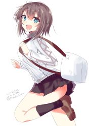 Rule 34 | 1girl, bag, black hair, black skirt, blue eyes, blush, breasts, gluteal fold, hair between eyes, handbag, hayasui (kancolle), highres, hizaka, jacket, kantai collection, large breasts, long sleeves, looking at viewer, miniskirt, one-hour drawing challenge, open mouth, pleated skirt, short hair, simple background, skirt, smile, solo, track jacket, twitter username, white background