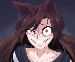 Rule 34 | 1girl, animal ears, black background, brown hair, collarbone, crazy smile, gesugao, grin, hakuro109, highres, imaizumi kagerou, long hair, looking at viewer, nose, portrait, red eyes, smile, solo, teeth, touhou, uneven eyes, wolf ears, yu-gi-oh!, yu-gi-oh! arc-v
