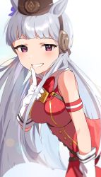 Rule 34 | 1girl, animal ears, blunt bangs, blush, bow, bowtie, buttons, double-breasted, dress, ear covers, finger to mouth, gloves, gold ship (umamusume), grey hair, highres, horse ears, index finger raised, inuyama nanami, leaning forward, long hair, looking at viewer, pillbox hat, pink eyes, red bow, red dress, red neckwear, shushing, simple background, smile, umamusume, white background, white gloves
