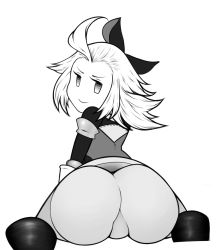 Rule 34 | 1girl, ahoge, armor, armored dress, artist request, ass, bad id, boots, bow, bravely default: flying fairy, bravely default (series), come hither, edea lee, from behind, hair bow, huge ass, looking back, monochrome, naughty face, pantyhose, short hair, sitting, smile, solo, wariza