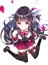 Rule 34 | 1girl, arm support, black hair, black thighhighs, blunt bangs, blurry, blush, bow, bowtie, breasts, buttons, capelet, depth of field, frilled thighhighs, frills, from above, full body, hair ribbon, hand on own shoulder, lace, life alive!, light smile, linda airi, long hair, looking at viewer, looking up, mary janes, one side up, petticoat, plaid, plaid skirt, pleated skirt, purple eyes, ribbon, school uniform, shoes, side ponytail, sidelocks, simple background, sitting, skirt, sleeve cuffs, smile, solo, thighhighs, very long hair, wariza, white background, wing collar, yuugen, zettai ryouiki