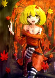 Rule 34 | 1girl, adapted costume, aki shizuha, autumn, autumn leaves, bare shoulders, blonde hair, boots, bra, breasts, cleavage, earrings, female focus, hair ornament, highres, in tree, jewelry, leaf, leaf hair ornament, leaf on head, looking at viewer, necklace, object on head, off shoulder, open mouth, panties, short hair, sitting, sitting in tree, solo, striped clothes, striped panties, striped thighhighs, susukii ryuusan, thighhighs, touhou, tree, underwear, usui ryuusan, yellow eyes