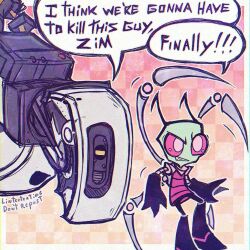 Rule 34 | alien, antennae, arthropod limbs, bald, cartoonized, colored skin, crossover, english text, extra legs, glados, green skin, i think we&#039;re gonna have to kill this guy steven (meme), invader zim, linterteatime, looking at viewer, mechanical legs, meme, no humans, pink eyes, portal, portal (series), portal 2, robot, shirt, smile, toon (style), zim (invader zim)