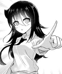 Rule 34 | 1girl, arm at side, bags under eyes, blush, breasts, collared shirt, commentary request, greyscale, hair between eyes, halftone, highres, index finger raised, kuroki tomoko, long hair, looking at viewer, monochrome, necktie, open mouth, pointing, pointing at viewer, school uniform, shirt, simple background, small breasts, solo, upper body, wata9mm no, watashi ga motenai no wa dou kangaetemo omaera ga warui!, white background