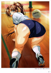 Rule 34 | 1girl, all fours, ass, ball, blue buruma, blue eyes, blush, brown hair, buruma, character request, copyright request, female focus, from behind, full body, gym shirt, gym uniform, hair ornament, hair scrunchie, high ponytail, highres, long hair, looking at viewer, looking back, on floor, panties, panty peek, pink panties, playing sports, red scrunchie, scan, scrunchie, shiny skin, shirt, shoes, sneakers, solo, sweat, toe gojuu, underwear, volleyball, volleyball (object), white shirt