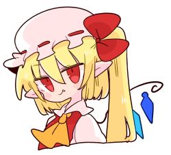 Rule 34 | 1girl, ascot, blonde hair, collared shirt, crystal, fang, flandre scarlet, frilled shirt collar, frills, hat, highres, medium hair, mob cap, one side up, op na yarou, red eyes, red vest, shirt, simple background, solo, touhou, vest, white background, white hat, white shirt, wings, yellow ascot