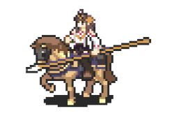 Rule 34 | 10s, 1girl, brown hair, cavalier (fire emblem), crossover, detached sleeves, double bun, fire emblem, hair bun, hairband, headgear, horse, horseback riding, japanese clothes, kantai collection, kongou (kancolle), long hair, lowres, nintendo, pixel art, polearm, riding, rw, simple background, solo, spear, thighhighs, weapon